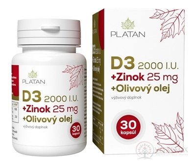 PLATAN D3 2000 IU+ Zinek 25mg + Olivový olej cps (měkké želatinové kapsle) 1x30 ks