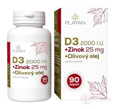 PLATAN D3 2000 IU+ Zinek 25mg + Olivový olej cps (měkké želatinové kapsle) 1x90 ks