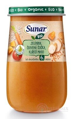 Sunar BIO příkrm ZELENINA, ČOČICE, KUŘECÍ MASO s olivovým olejem (od ukonč. 6. měsíce) 1x190 g