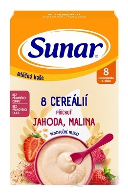 Sunar mléčná KAŠE 8 CEREÁLIÍ příchuť jahoda, malina (od ukonč. 8. měsíce) 1x210 g