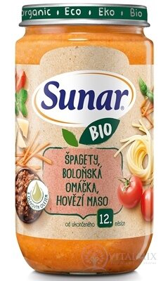 Sunar BIO příkrm ŠPAGETY, OMÁČKA, HOVĚZÍ MASO s olivovým olejem (od ukonč. 12. měsíce) 1x235 g