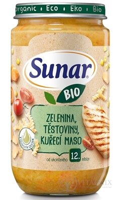 Sunar BIO příkrm ZELENINA, TĚSTOVINY, KUŘECÍ MASO s olivovým olejem (od ukonč. 12. měsíce) 1x235 g