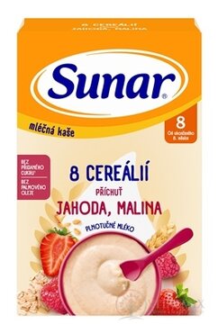 Sunar mléčná KAŠE 8 CEREÁLIÍ příchuť jahoda, malina (od ukonč. 8. měsíce) 1x210 g